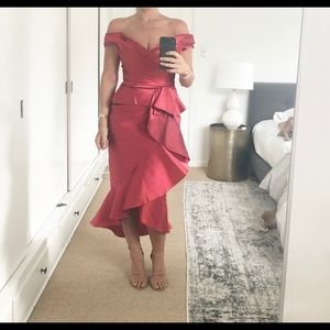 Red Marchesa evening gown